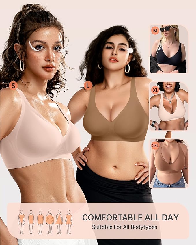 OEAK Womens Deep V Bras Wireless Comfortable Bra Supportive No Underwire Bras Tshirt Push Up Bralettes Plunge Seamless Bra