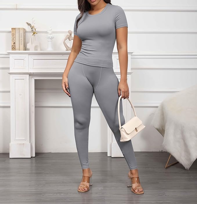 PINSV 2 Piece Sets for Women Summer Casual Jogger Workout Outfits Fitted Crew Neck T-shirt High Waist Legging Sets