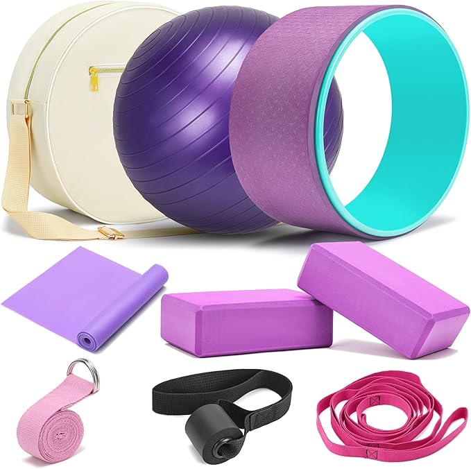 All in One Yoga Wheel Set, Soft Foam Roller Wheel for Back Pain & Stretching, Yoga Blocks 2 Pack with Strap, Trigger Point Therapy Massage Ball for Deep Tissue, Yoga Starter Kit for Beginner
