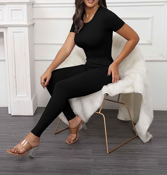 PINSV 2 Piece Sets for Women Summer Casual Jogger Workout Outfits Fitted Crew Neck T-shirt High Waist Legging Sets