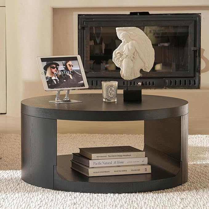 Round Coffee Table with Storage, 31.5" Modern Living Room Table, 2 Tier Circle Wood Center Tables for Apartment, Living Room, Open-Style Storage Black Coffee Tables, 31"*14.1" (Black)