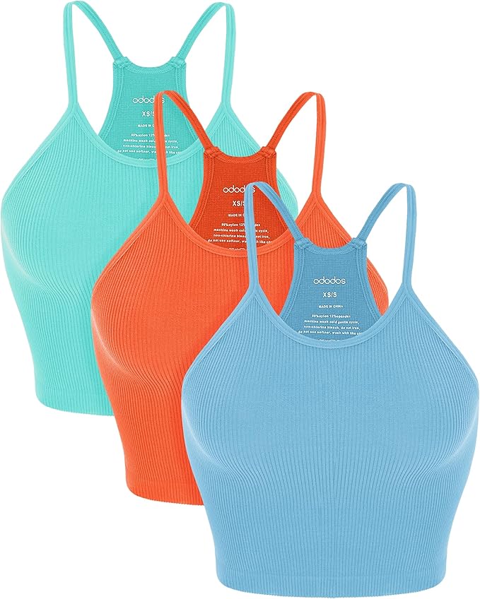 ODODOS Women's Crop 3-Pack Seamless Rib-Knit Camisole Crop Tank Tops