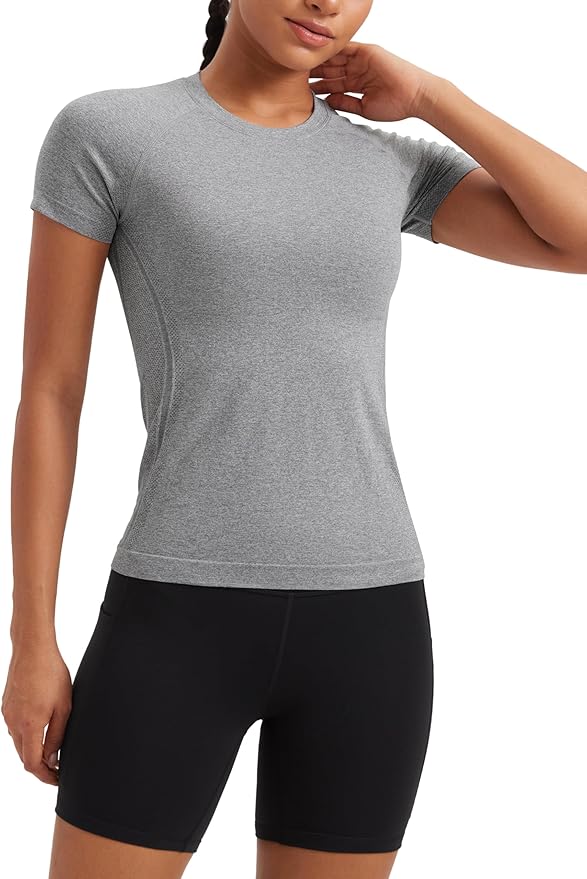 CRZ YOGA Seamless Workout Tops for Women Hip Length - Athletic Running Gym Yoga Short Sleeve Shirts Breathable Crewneck Tees