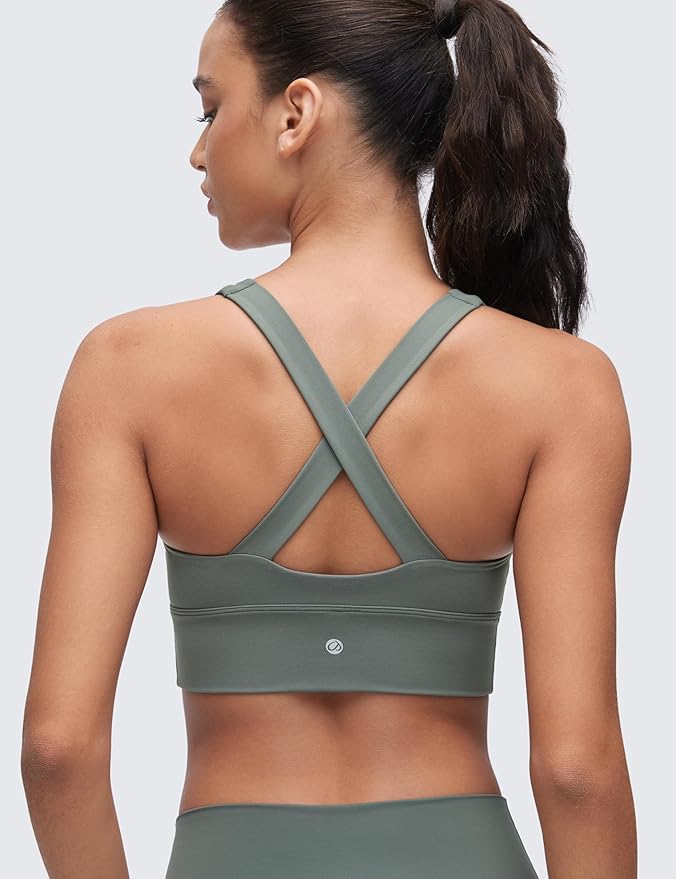 CRZ YOGA Butterluxe Ruched Longline Sports Bras for Women - V Neck Padded Yoga Tank Wide Straps Cross Back Crop Tops