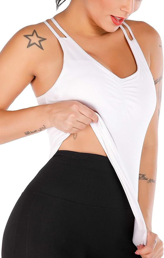 RUNNING GIRL Yoga Tank Tops for Women Built in Shelf Bra B/C Cups Strappy Back Activewear Workout Compression Tops