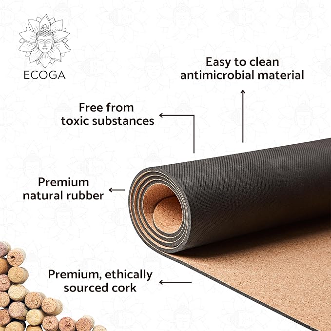 Premium Cork Yoga Mat With Alignment Marks - 5mm Thick Non Slip Hot Yoga Mat - Eco-friendly Non Toxic - Includes Strap and Bag