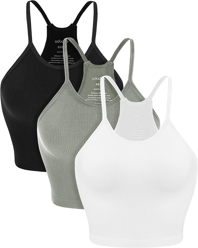 ODODOS Women's Crop 3-Pack Seamless Rib-Knit Camisole Crop Tank Tops