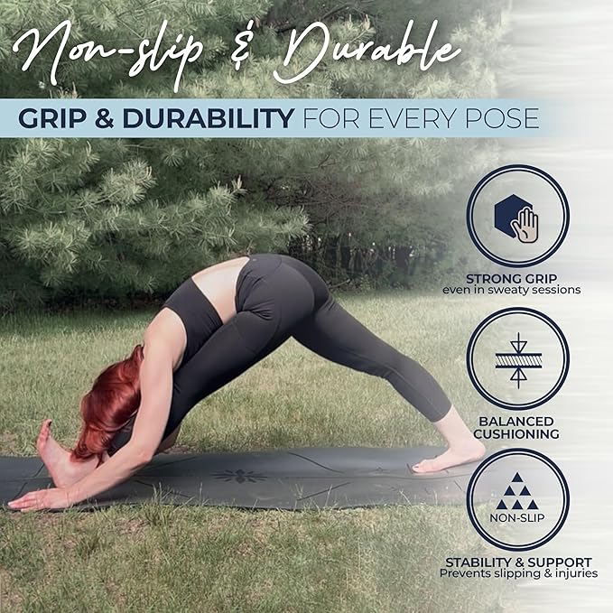 Y O Gayo Eco Balance Yoga Mat with Carry Strap – Superior Grip, Non-Slip, Durable & Lightweight, Sustainable Natural Rubber Mat with Alignment Lines