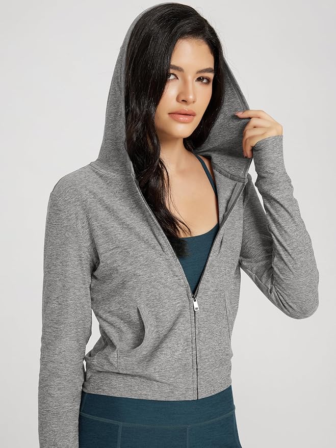 ODODOS Women's Full-Zip Cropped Hoodie - odSTRATUM Tech Ultra Soft UPF 50+ Hooded Jacket with Pockets