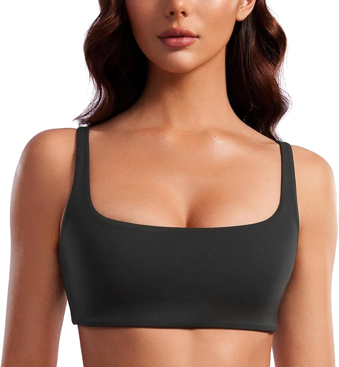 CRZ YOGA Butterluxe Square Neck Spaghetti Strap Sports Bras for Women - Low Coverage Yoga Wireless Padded Cami Crop Top