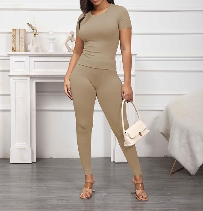 PINSV 2 Piece Sets for Women Summer Casual Jogger Workout Outfits Fitted Crew Neck T-shirt High Waist Legging Sets