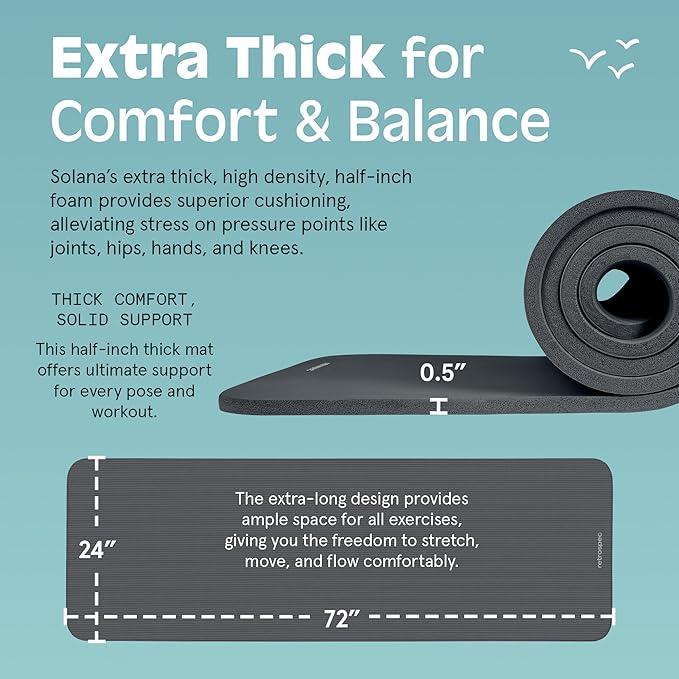 Retrospec Solana Yoga Mat Thick 1/2in Non-Slip Workout Mat with Nylon Strap - 72x24in Exercise Mat for Pilates, Stretching & Fitness - BPA Free, Easy Clean