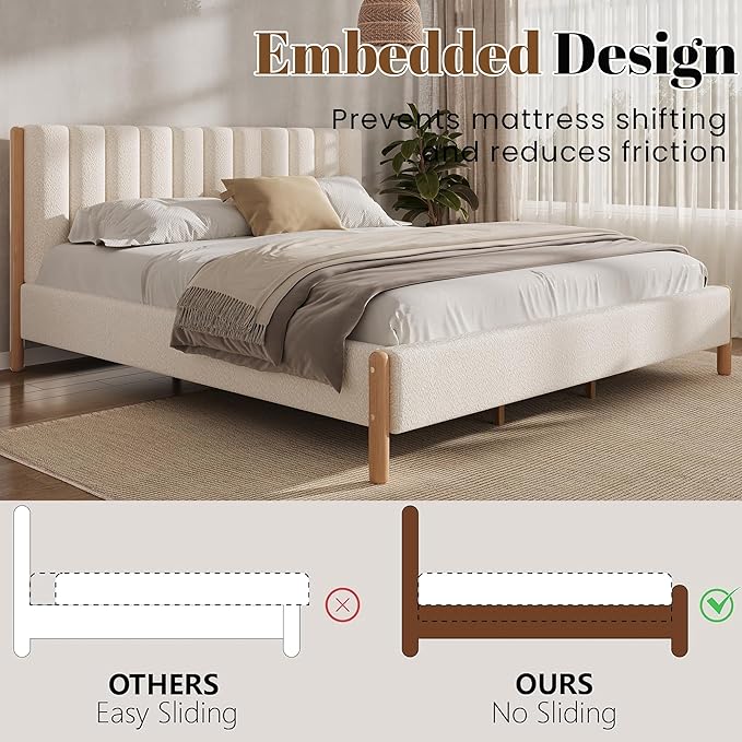 King Size Bed Frame with Boucle Upholstered Headboard, Solid Rubberwood Legs & Vertical Striped Design, Sturdy Wood Slat Support Boucle Bed Frame, No Box Spring Needed, White