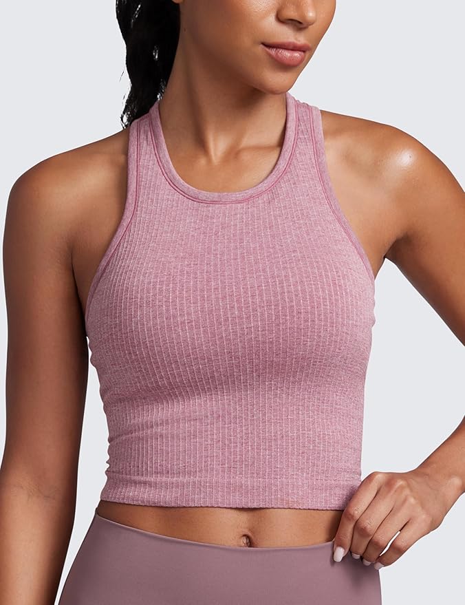 CRZ YOGA Seamless Ribbed High Neck Crop Tank Tops for Women - Longline Racerback Padded Sports Bras