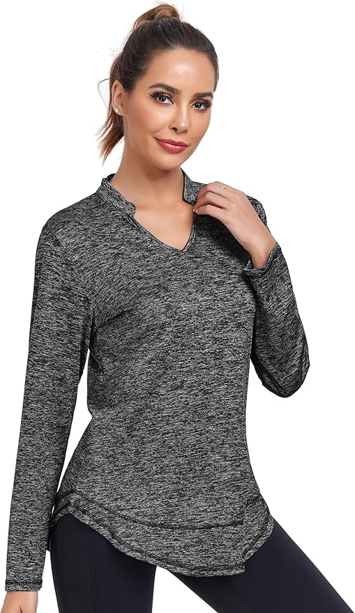 Absttith Women's Long Sleeve Workout Shirts Running Yoga Tops Athletic V Neck Sport Tee Side Split