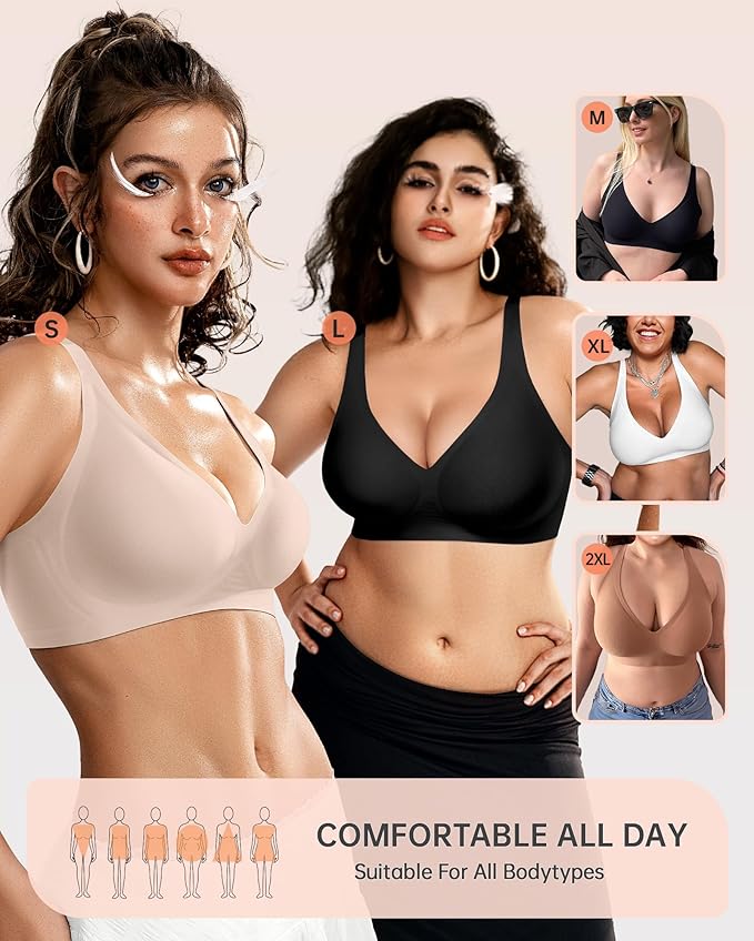 OEAK Womens Deep V Bras Wireless Comfortable Bra Supportive No Underwire Bras Tshirt Push Up Bralettes Plunge Seamless Bra