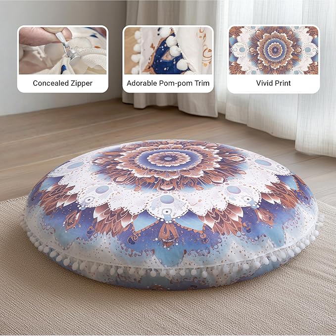 Meditation Cushion 32 Inch Round, Extra Thick Memory Foam Floor Pillow with Removable Washable Cover, Bohemian Mandala Yoga Cushion for Adults - Ideal Gift & Holiday Decor, Azure