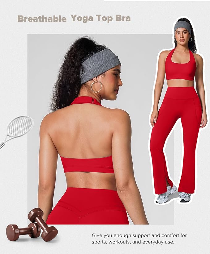 BRXL Halter Sports Bras for Women Adjustable Built in Bra Backless Workout Push Up Bras Low Impact Gym Yoga Tops