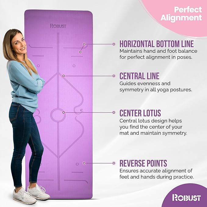 Robust Extra Thick Yoga Mat 1/4 & 1/3 & 2/5 Inch - Non Slip Exercise Mat with Alignment Lines, Carrying Strap, TPE Eco-Friendly Material for Knee Support, Sweat-Proof 72" x 24" for Women & Men