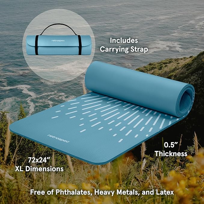 Retrospec Solana Yoga Mat Thick 1/2in Non-Slip Workout Mat with Nylon Strap - 72x24in Exercise Mat for Pilates, Stretching & Fitness - BPA Free, Easy Clean