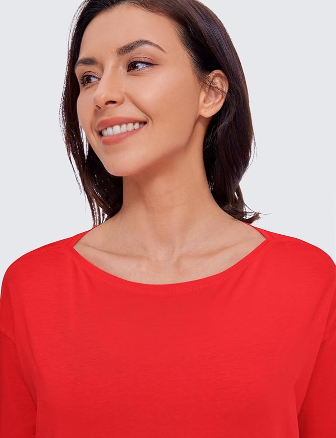 CRZ YOGA Pima Cotton Boat Neck Long Sleeve Shirts for Women - Workout Athletic Yoga Casual Tops Loose Fit Fall T-Shirts