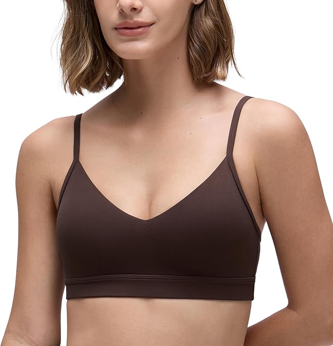 CRZ YOGA Butterluxe V-Neck Sports Bras for Women - Adjustable Thin Straps Padded Yoga Top Basic Wireless Camisole
