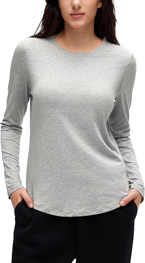 CRZ YOGA Pima Cotton Crewneck Long Sleeve Shirts for Women - Workout Athletic Yoga Casual Tops Soft Plain T-Shirt