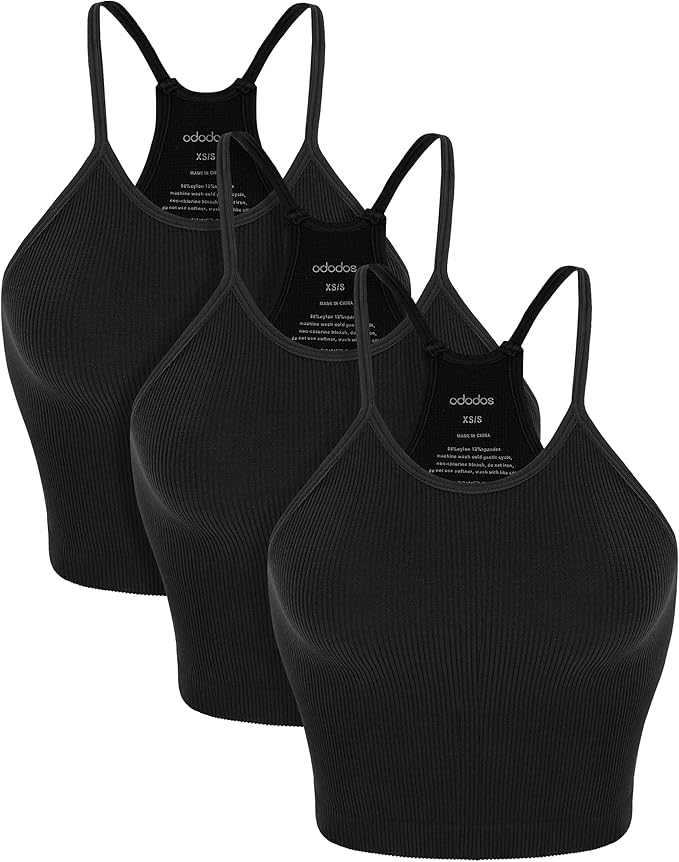 ODODOS Women's Crop 3-Pack Seamless Rib-Knit Camisole Crop Tank Tops