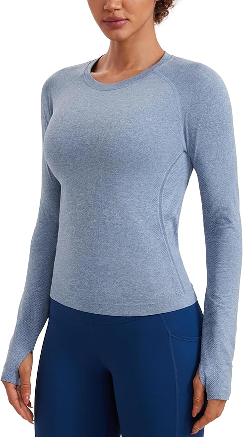 CRZ YOGA Seamless Long Sleeve Shirts for Women Waist Length - Workout Athletic Running Gym Yoga Tops Crewneck Breathable