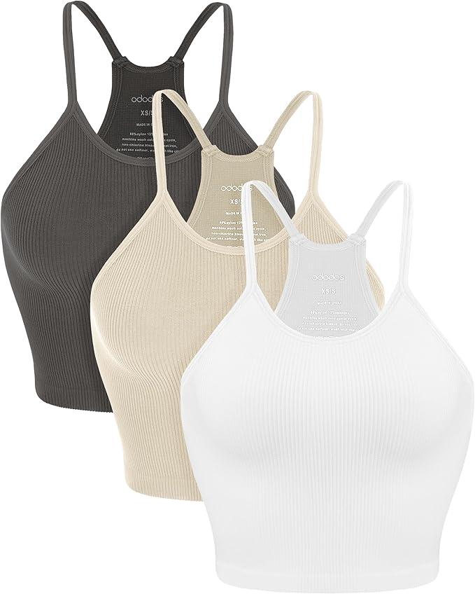 ODODOS Women's Crop 3-Pack Seamless Rib-Knit Camisole Crop Tank Tops