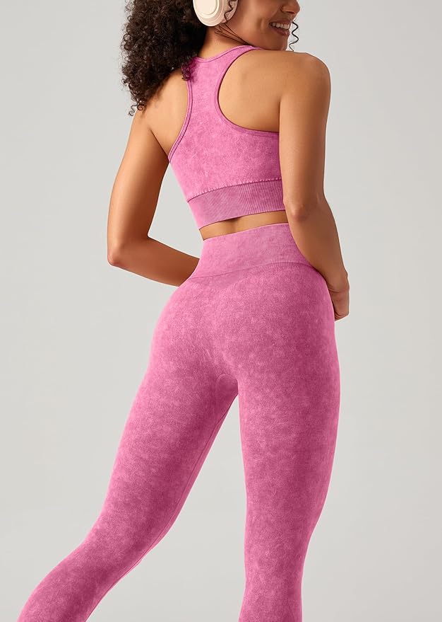 OLCHEE Womens Workout Sets 2 Piece - Acid Wash Seamless Yoga Outfits High Waist Leggings Padded Racerback Sports Bra Gym Set