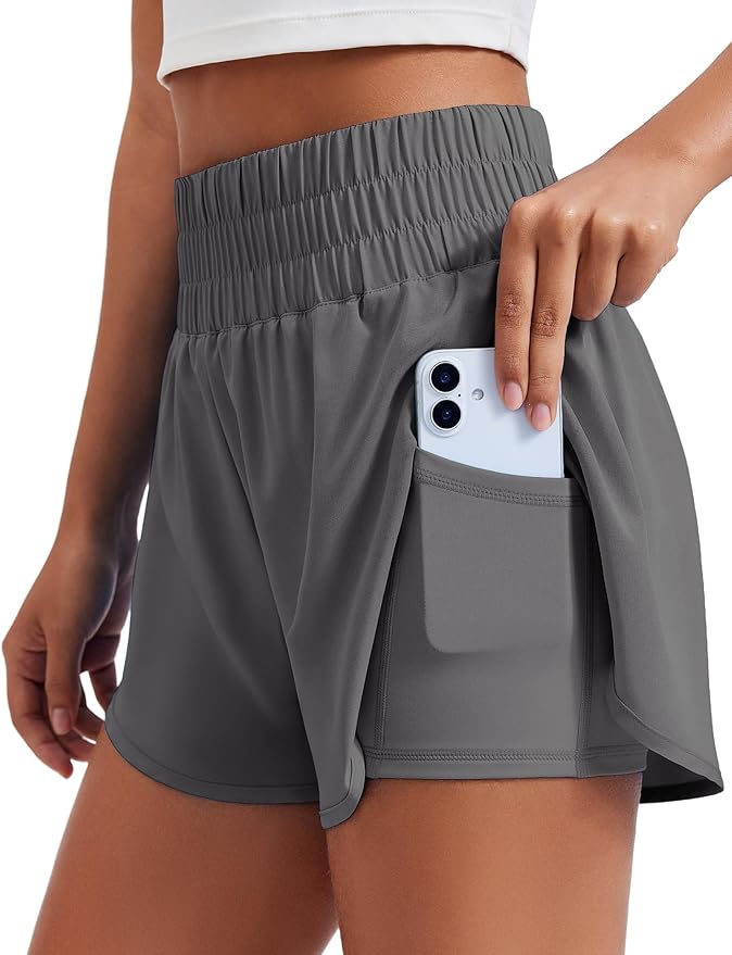 PINSPARK Women's 2 in 1 Running Shorts High-Split Athletic Short High Waisted 3" Liner Workout Gym Short with Pockets