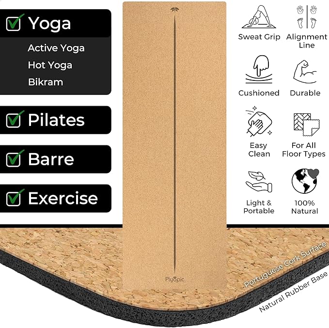 Plyopic Ultimate Cork Yoga Mat – Non-Slip Ultra-Premium Cork | Thicker, Longer & Wider for Extra Comfort | 100% Natural Grip & Eco Friendly | Optional Alignment Lines | For Yoga, Bikram & Hot Yoga