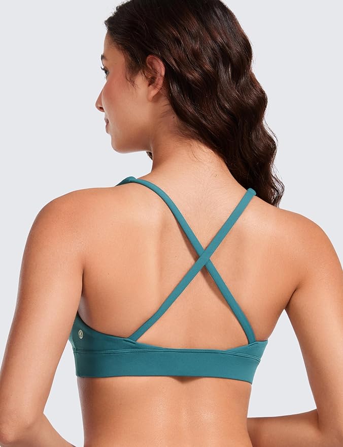 CRZ YOGA Butterluxe Deep V-Neck Sports Bras for Women - Spaghetti Strap Criss Cross Padded Top Low Coverage Wireless Yoga