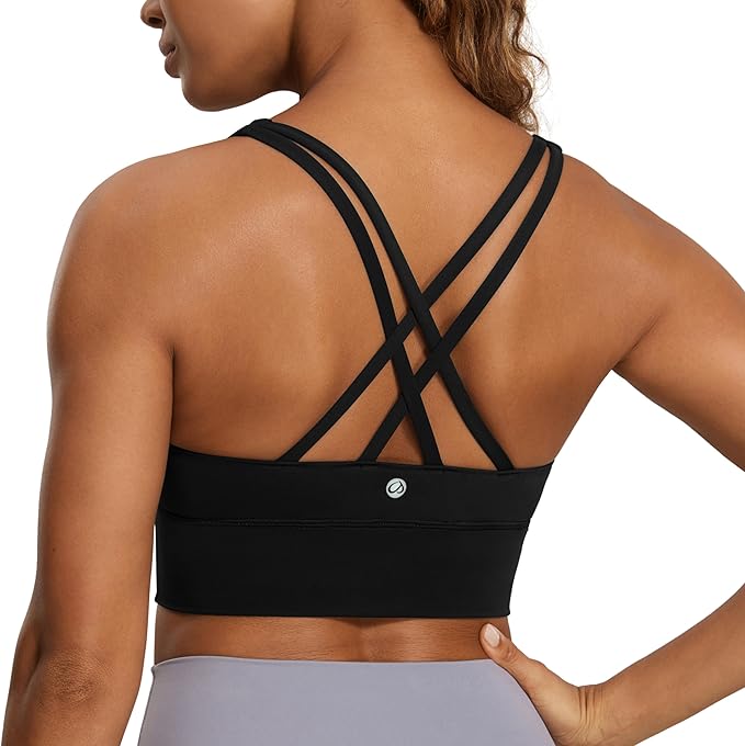 CRZ YOGA Naked Feeling Strappy Longline Sports Bras for Women - Medium Impact Criss Cross Yoga Padded Workout Crop Top