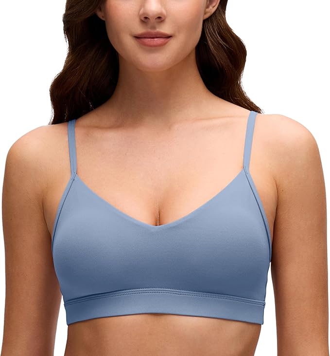 CRZ YOGA Butterluxe V-Neck Sports Bras for Women - Adjustable Thin Straps Padded Yoga Top Basic Wireless Camisole
