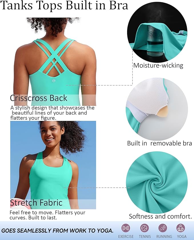 RUNNING GIRL Tank top with Built in Bra for Women,Compression Shirts Crisscross Back Workout Yoga Tops