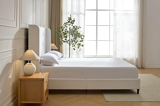 California King Size Upholstered Bed Frame, 54" Tall Headboard Wingback Platform Bed Frames, Elegant Simplicity/Strong Wood Slats Support/No Box Spring Needed/No Noise, Cream White Chenille