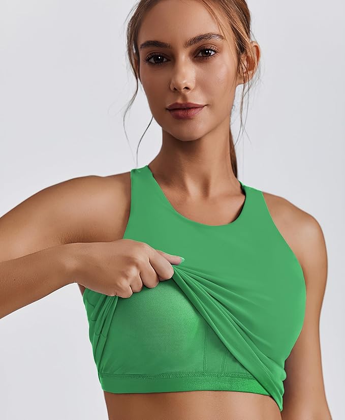 PINSPARK Women Sports Bra High Neck Racerback Workout Crop Tank Top Longline Padded Yoga Tops with Built in Pads