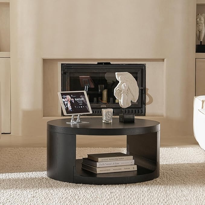 Round Coffee Table with Storage, 31.5" Modern Living Room Table, 2 Tier Circle Wood Center Tables for Apartment, Living Room, Open-Style Storage Black Coffee Tables, 31"*14.1" (Black)