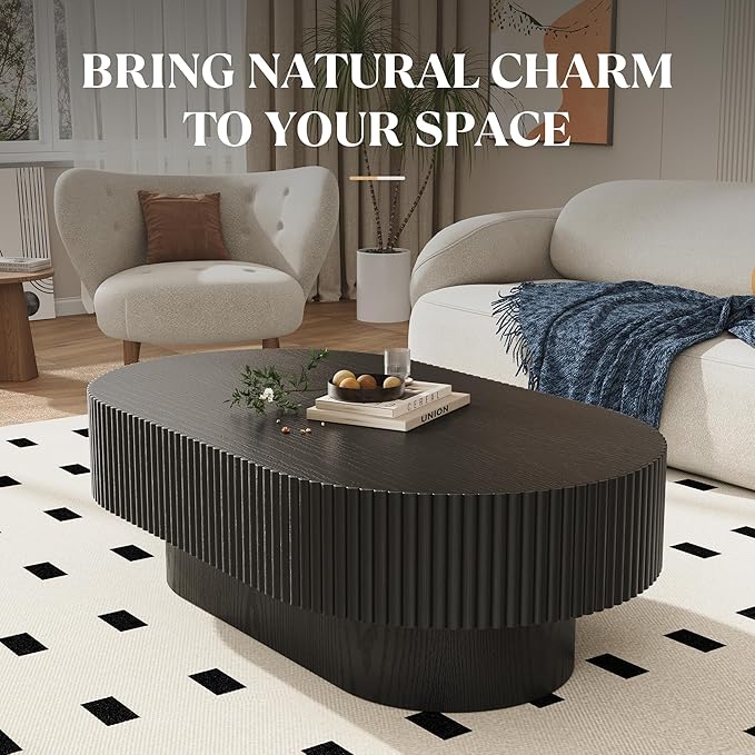 YOUDENOVA 43.7” Oval Coffee Table, Modern Wood Fluted Coffee Table for Living Room, Veneer Handcrafted Relief Center Table with Sturdy Pedestal，Easy Assembly - Black