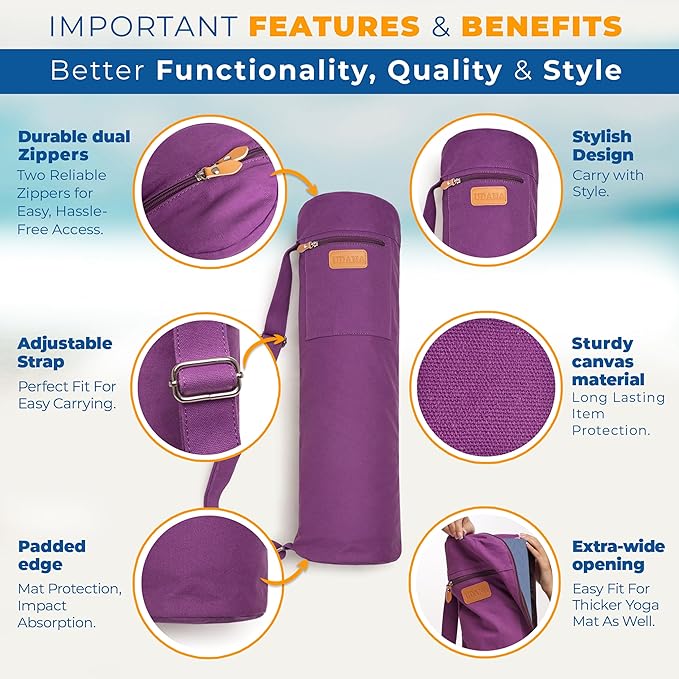 UDANA Yoga Mat Bag – Heavy Duty Canvas Carrier with 3 Pockets & Full Zip – Available in 3 Sizes (16L, 18L, 34L) - Multiple Colors