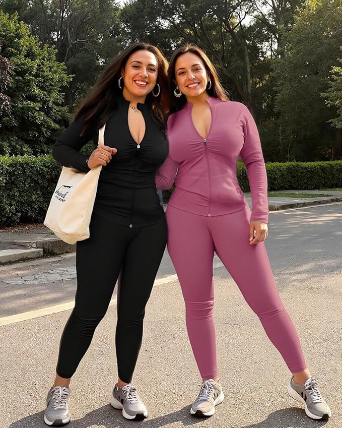 UOUA Two Piece Outfits Women Tracksuit Sets Long Sleeve Zip Up Jacket & Leggings for Gym Workout Set