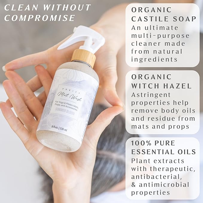 Organic Yoga Mat Cleaner Spray | 8oz Summer Bloom with Microfiber Cloth | Made in the USA | Safely and Effectively Cleans All Mats and Pilates + Yoga Accessories
