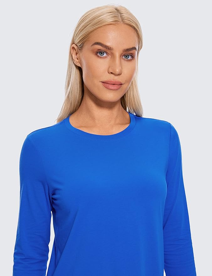 CRZ YOGA Pima Cotton Crewneck Long Sleeve Shirts for Women - Workout Athletic Yoga Casual Tops Soft Plain T-Shirt