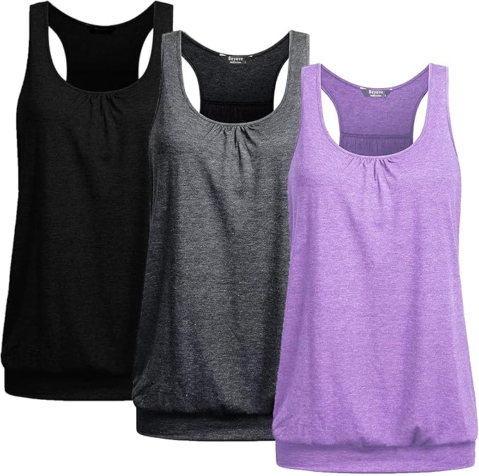 Beyove 3 Pack Banded Bottom Workout Tops for Women Tummy Flattering Yoga Tank Tops Plus Size Racerback Athletic Gym Shirts