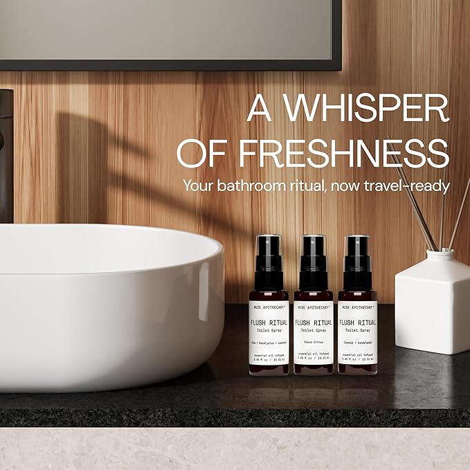 Muse Apothecary Flush Ritual - Aromatic & Refreshing Toilet Spray, Use Before You Go, Infused with Natural Essential Oils - Coconut + Sandalwood - Travel Size Mini Collection, 0.45 oz, 3 Pack