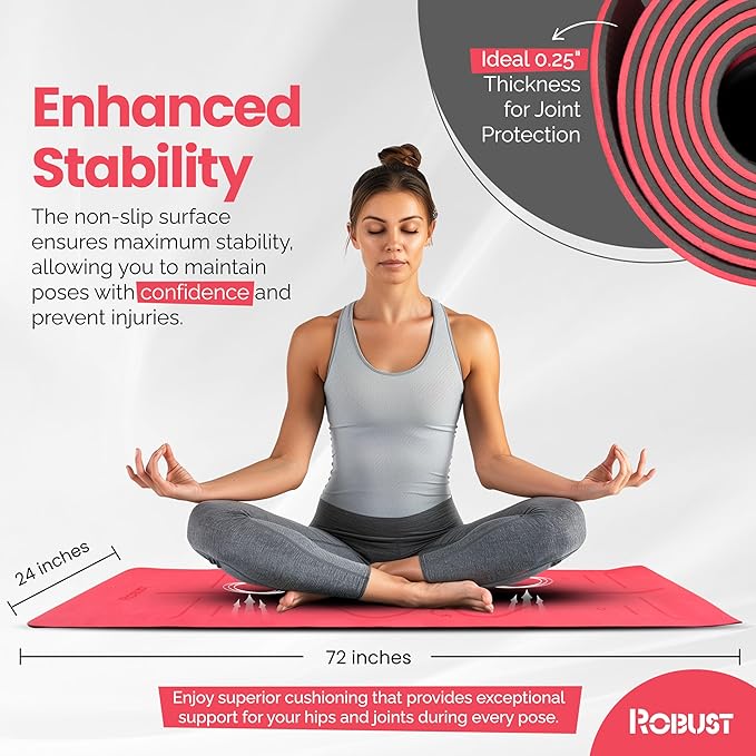 Robust Extra Thick Yoga Mat 1/4 & 1/3 & 2/5 Inch - Non Slip Exercise Mat with Alignment Lines, Carrying Strap, TPE Eco-Friendly Material for Knee Support, Sweat-Proof 72" x 24" for Women & Men