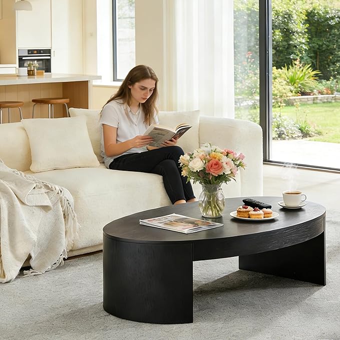 42.24” Modern Oval Coffee Table, MDF Center Table, Conference Table, Minimalist Accent Dinning Coffee Table for Living Room, Apartment,Office,Courtyard,No Assembly.(Black)