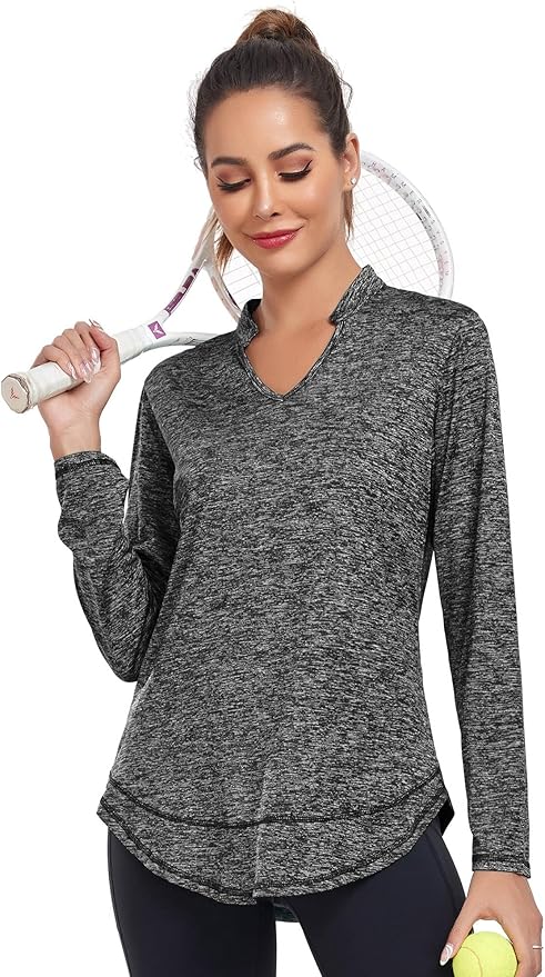 Absttith Women's Long Sleeve Workout Shirts Running Yoga Tops Athletic V Neck Sport Tee Side Split